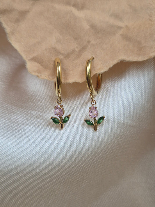 Pink Mini Tulip Dangling Hoops
